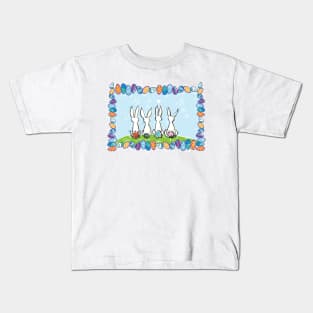 Four Bunnies sitting in a frame of Easter eggs Kids T-Shirt